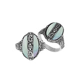 Sterling Silver Mother Of Pearl Oval Shape Statement Ring With Balinese Artistic Design
